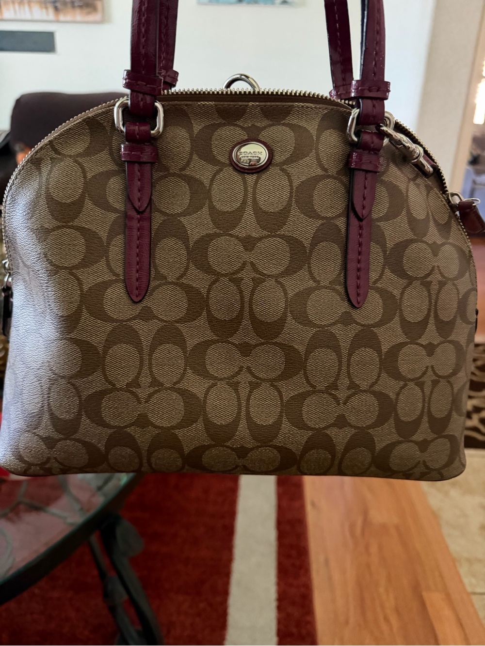 Coach Brown Logo Satchel with Berry Leather Trim